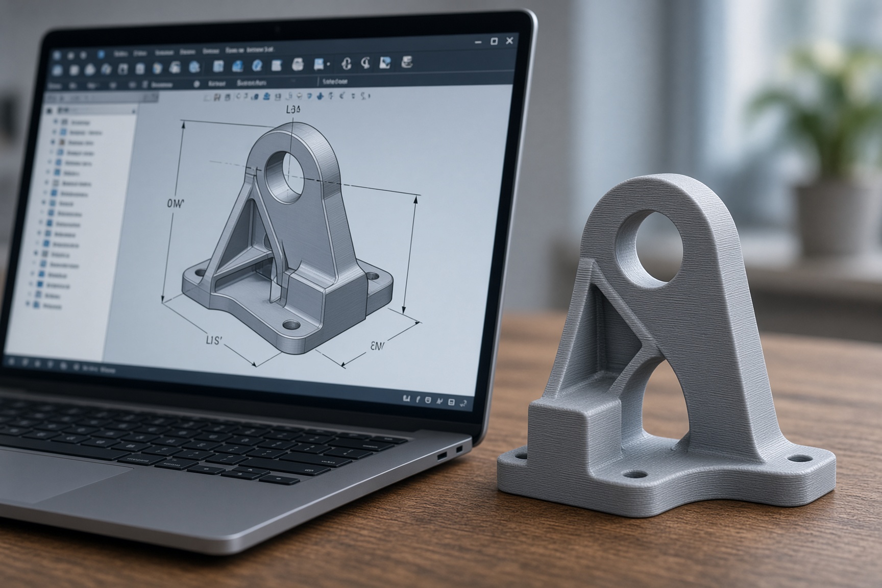 A laptop showing a CAD model of a bracket beside the gray printed part