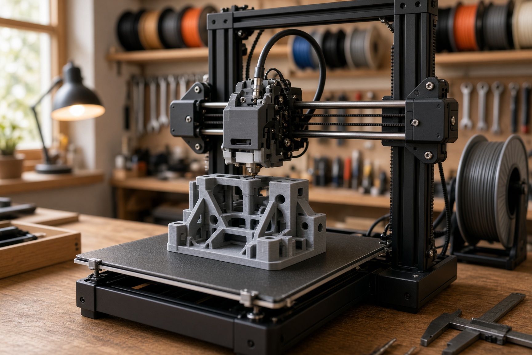 A desktop 3D printer building a gray part in the shop