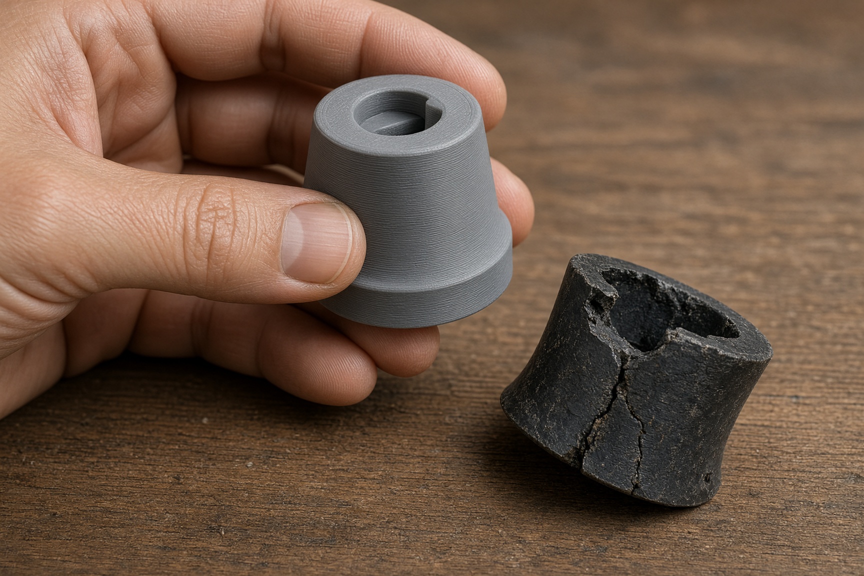 A hand holding a new gray printed bushing next to a cracked black original